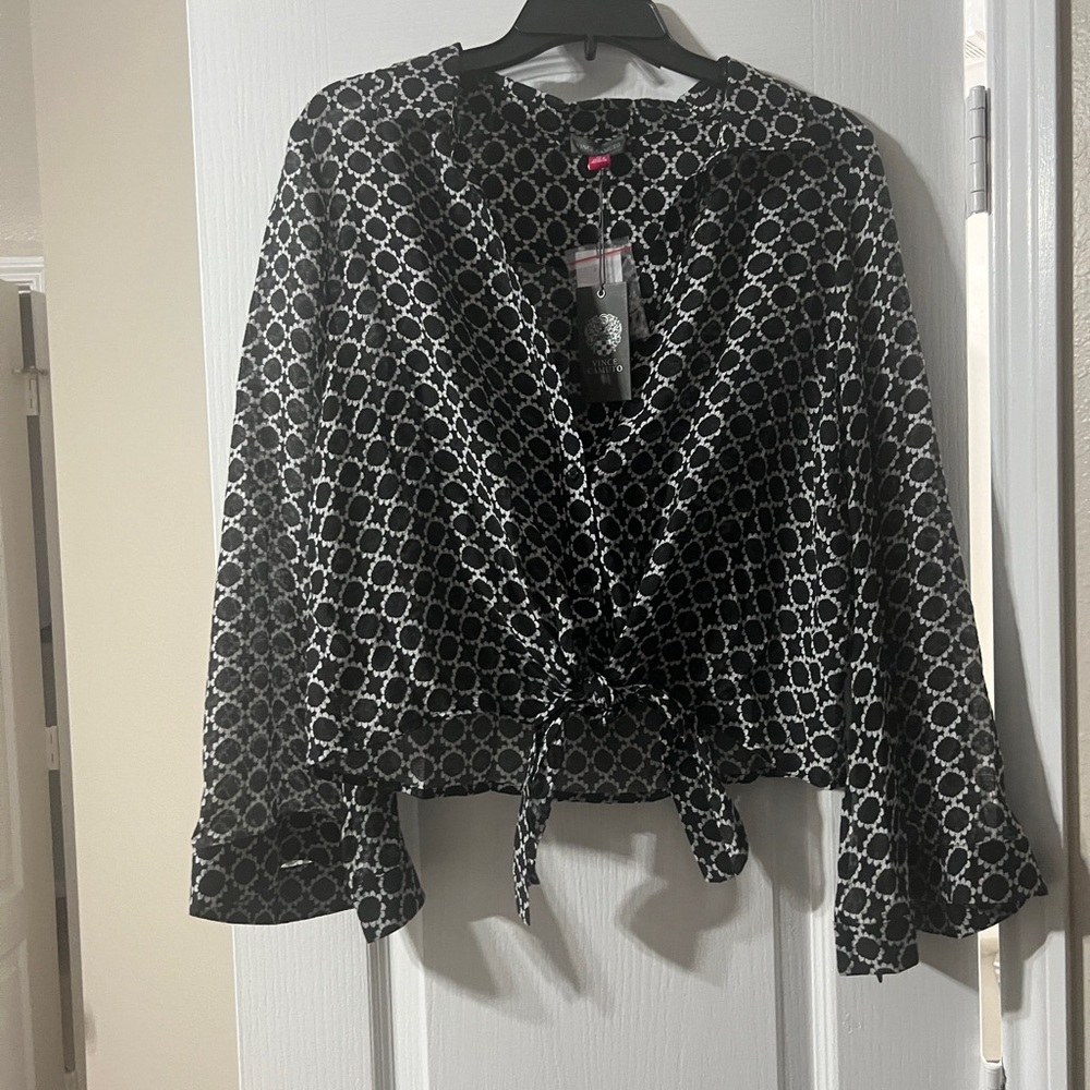 Vince Camuto Black and White Geometric Tie-Front Blouse